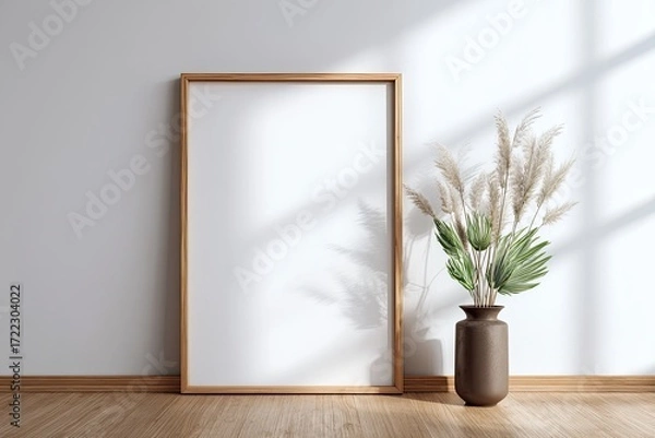 Fototapeta Blank framed art on a light beige wall