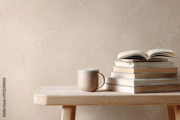 Fototapeta Stack of books, open book, and mug on a wooden bench