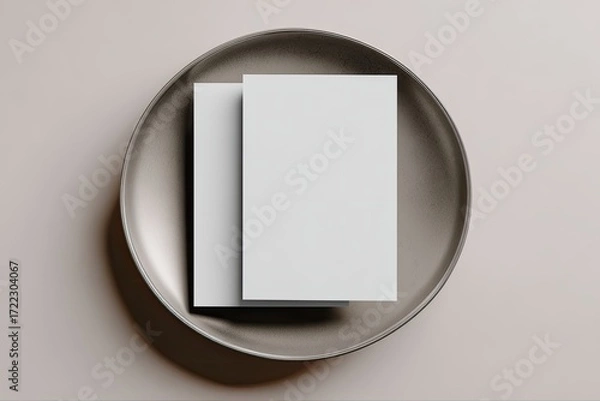 Fototapeta Two blank business cards rest atop a dark gray plate