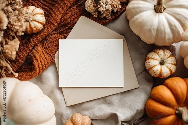 Fototapeta Blank card surrounded by pumpkins, dried flowers, and a warm sweater