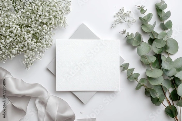 Fototapeta Blank card, gray envelopes, flowers, eucalyptus.  Elegant, minimalist, stationery