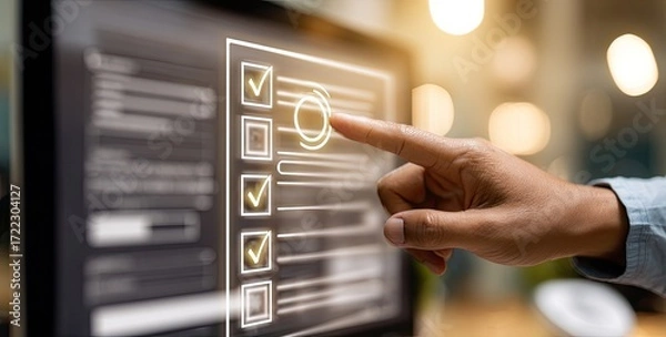 Fototapeta A hand touches a glowing checklist on a computer screen