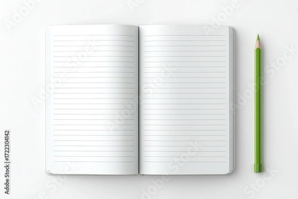 Fototapeta Open notebook with lined pages and a green pencil