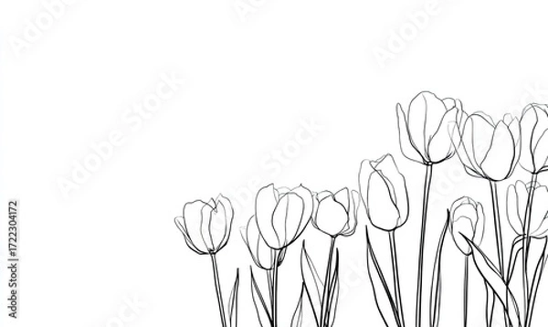 Fototapeta Simple black line drawing of tulips on white background