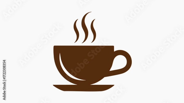 Obraz A simple brown graphic icon of a steaming hot coffee cup and saucer isolated on a white background.