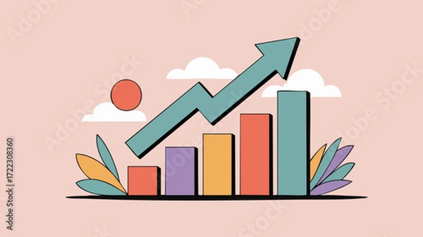 Obraz An illustration depicting business growth with a colorful bar chart and an upward-pointing arrow, set against a light pink background with clouds and a sun.
