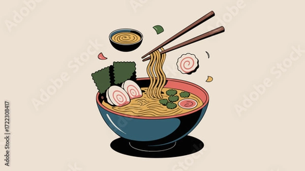Obraz A bowl of ramen noodles with chopsticks, seaweed, and narutomaki.