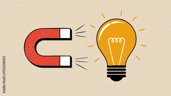 Obraz A horseshoe magnet attracting a glowing light bulb, symbolizing the attraction of ideas or innovation.