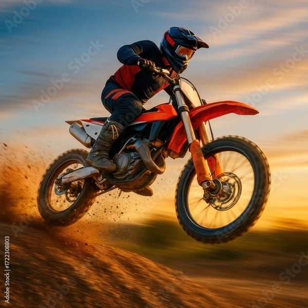Fototapeta Motocross racer launching skyward over a towering berm on a dusty track at golden hour with roost flying and dramatic motion blur energy
