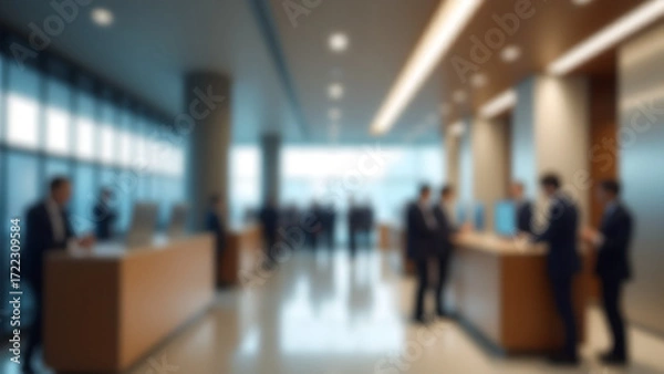 Fototapeta Blurred image of people queuing at a modern indoor service counter, business or government office environment, bright lighting with large windows and digital queue displays, public service scene
