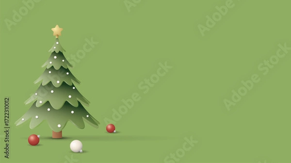 Fototapeta 3D decorated Christmas tree with event balls on green background graphic illustration have blank space.