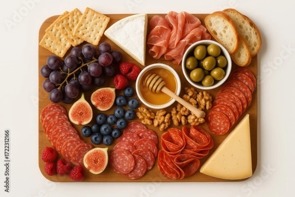 Fototapeta Gourmet charcuterie and cheese platter top view on white with assorted appetizers fruits nuts and crackers elegant minimal buffet composition