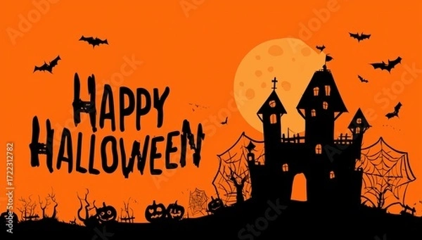 Fototapeta a halloween background with the text "happy halloween" orange color and black silhouette pumpkins, spider webs a haunted castle in a cartoon flat style Generative AI