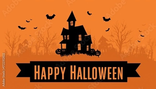 Fototapeta halloween-themed background with a spooky haunted house, pumpkins, and bats against an orange sky "happy halloween" text written in a black bold font on a banner Generative AI