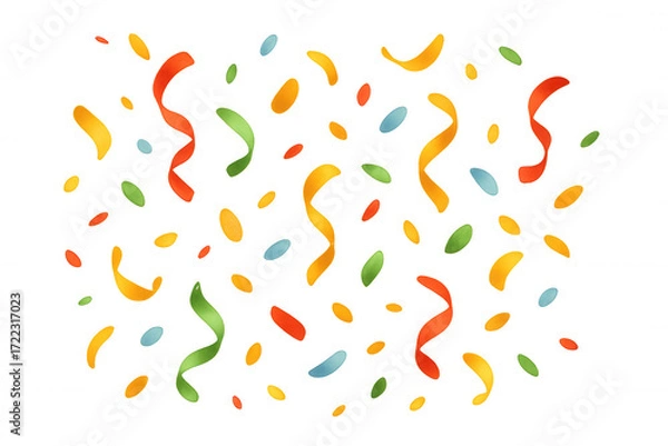 Fototapeta Falling colorful confetti and curling streamers creating a festive celebration background on transparent