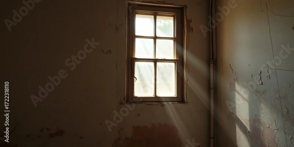 Fototapeta Dusty sunlight streams through a grimy window illuminating peeling paint on an old room's walls,  house,  structure