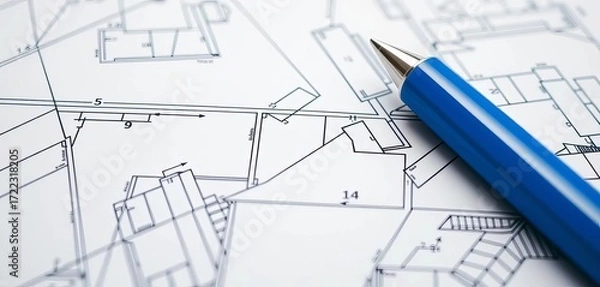 Fototapeta Close-up of architectural blueprint on graph paper background,   gridded paper,  isometric