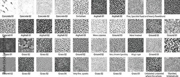 Obraz A versatile collection of monochrome surface textures, featuring various patterns of stone, concrete, asphalt, gravel, and organic ground materials for design backgrounds
