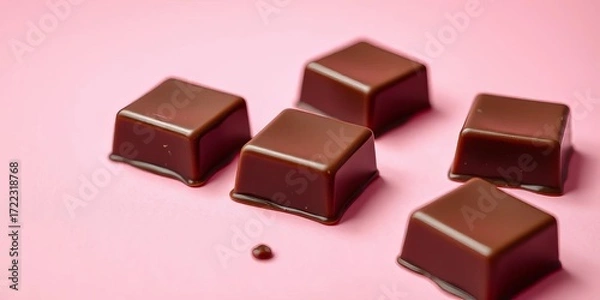 Fototapeta Close-up of melting chocolate squares on a pink background, still life, dessert