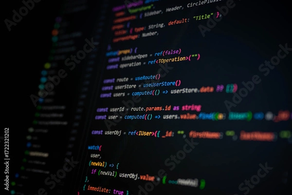 Obraz Close-up of TypeScript code on dark screen showing reactive functions with refs, route, and user object, symbolizing modern web development, clean coding practices, and software engineering.