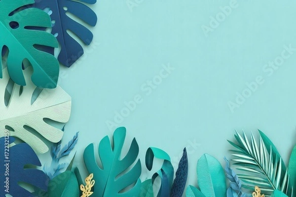 Obraz Colorful Tropical Leaves Border on Light Teal Background