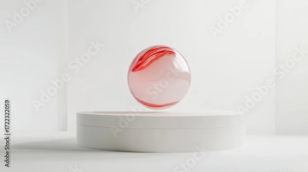 Fototapeta Vibrant marble ball levitating over sleek white platform creates striking visual contrast. smooth surface and soft colors evoke sense of modern elegance and tranquility