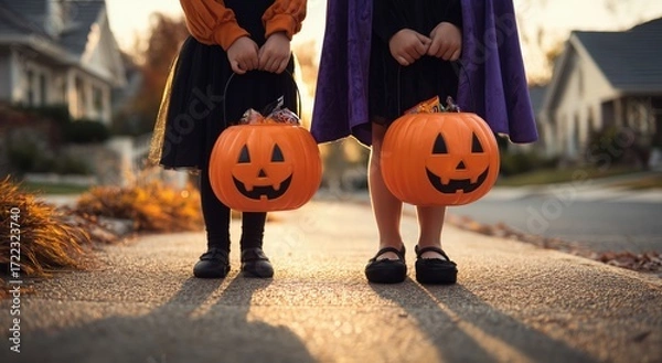 Fototapeta two children holding halloween candy baskets with pumpkin faces, standing on the sidewalk in a suburban neighborhood during sunset Generative AI