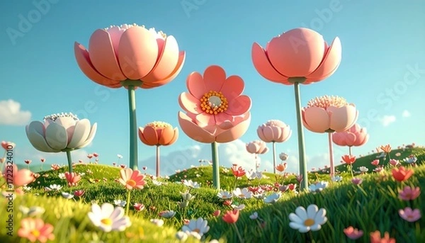 Fototapeta A vibrant field of large, stylized flowers in pastel shades against a clear blue sky, conveying a cheerful and whimsical mood.