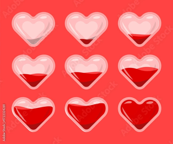 Fototapeta Set of glossy hearts with red liquid water inside bubbles set collection, symbol of love progression romantic love symbol. Hearts filling liquid progression plastic shape. Flat vector illustration.