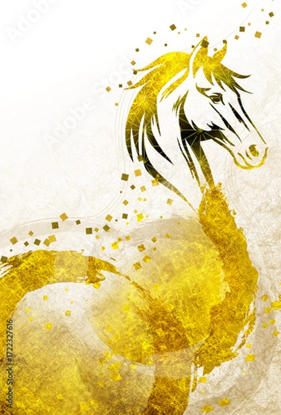 Obraz 年賀状（午年） 金箔の馬 金色に輝く和風背景テンプレート