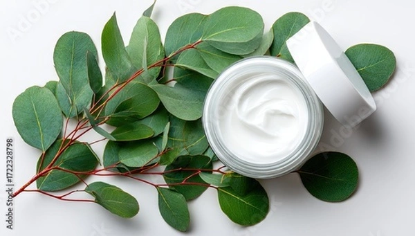 Fototapeta Glass jar of moisturizer surrounded by eucalyptus leaves.
