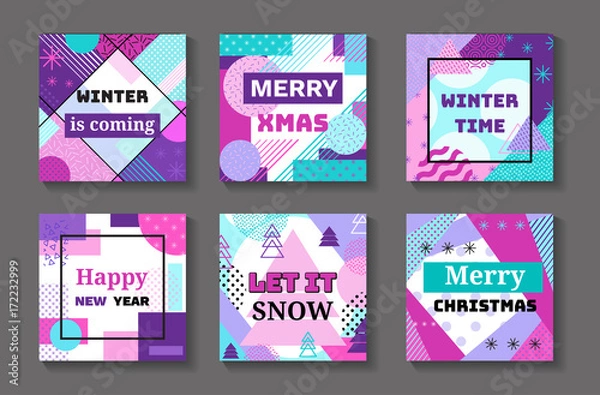 Fototapeta Happy new year and merry christmas geometric banners set in trendy memphis 90s style with triangles, lines, lettering, frames, party background or invitation template, cover, card, vector illustration