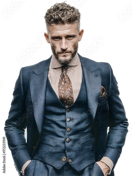 Fototapeta Handsome man wea a blue tailored suit and tie poses confidently against a bright white studio backdrop.