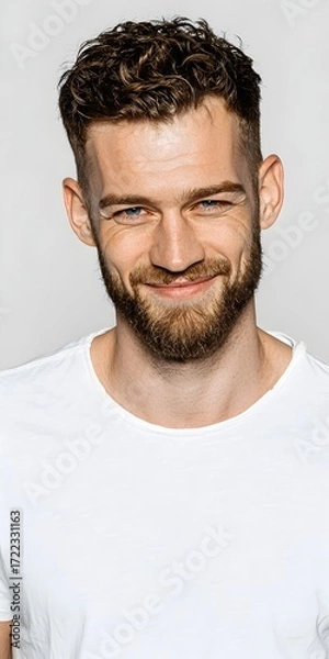 Fototapeta Handsome man with curly hair and a beard poses confidently in a white shirt against a plain background.