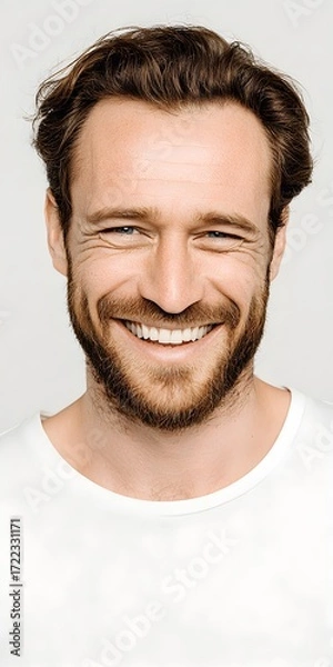 Fototapeta A handsome man with a beard smiles brightly, showcasing his warm and approachable personality in studio shot.