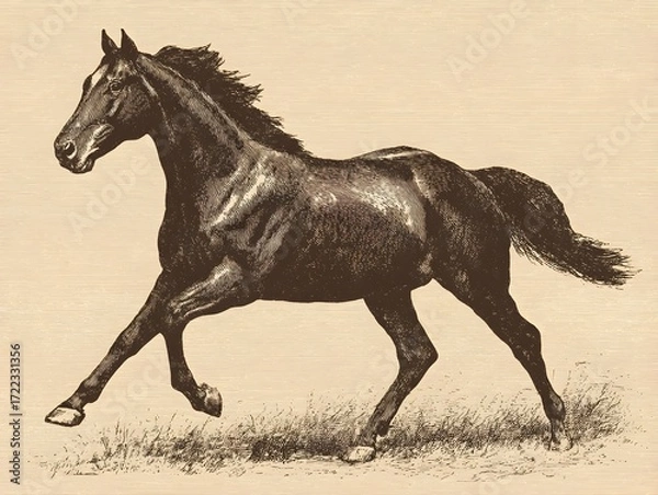 Fototapeta Antique illustration depicts a magnificent dark horse galloping swiftly through an open grassy field freely.