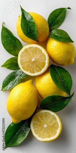 Fototapeta Several vibrant lemons with green leaves are artistically arranged on a plain white background, fresh and clean.