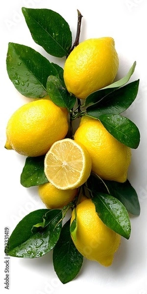 Fototapeta Several vibrant yellow lemons with fresh green leaves attached to a branch are isolated on white background.