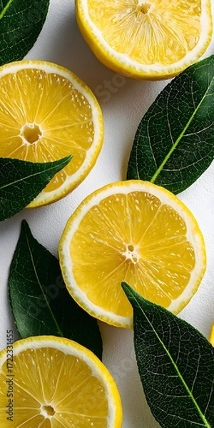 Fototapeta Top down view of fresh lemon slices and green leaves arranged on a bright white textured surface background.