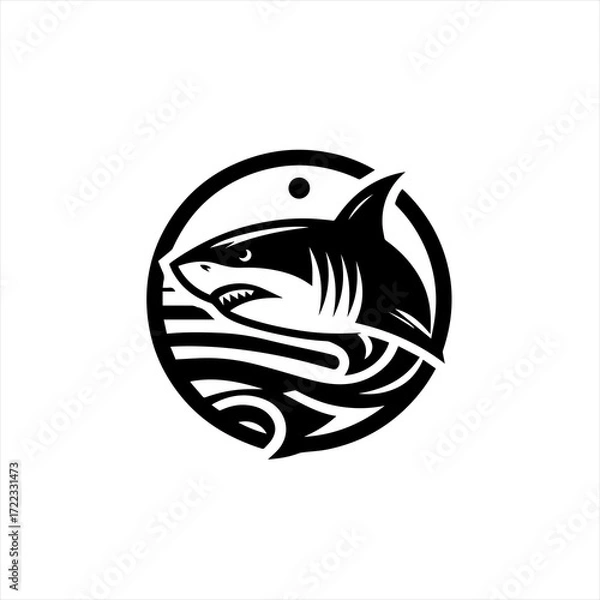 Obraz Stylized black and white shark emblem with waves and sun