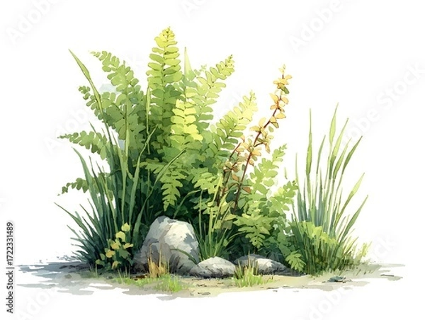 Fototapeta Ferns and other assorted grasses surround grey stones in an elegant watercolor botanical illustration.