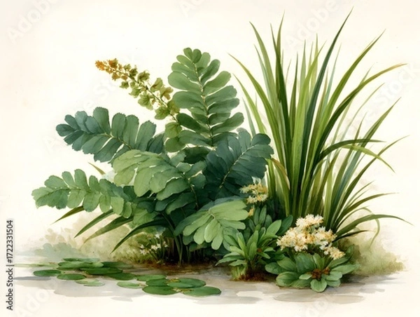 Fototapeta Lush green fern with grasses and delicate white flowers create a natural botanical watercolor composition.