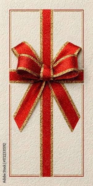 Fototapeta A rectangular gift is wrapped in a sparkly red and gold ribbon, adorned with a beautiful matching bow on top.