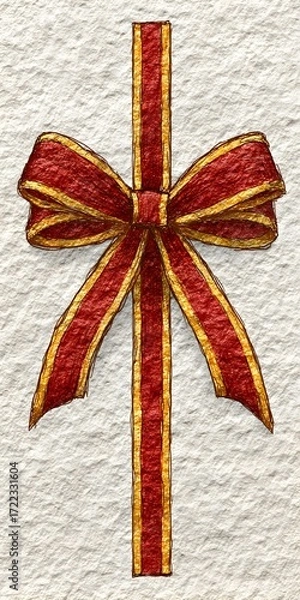 Fototapeta Hand drawn vintage style red and gold ribbon bow on textured paper creates festive feeling.