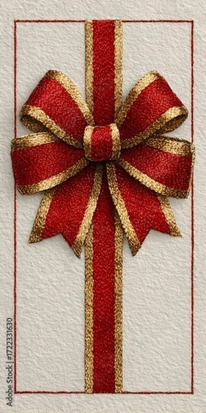 Fototapeta Bright red and gold glittery bow adorns a crisp white present in a simple, elegant Christmas greeting card.