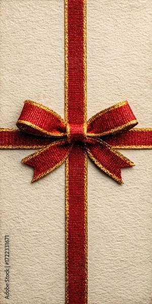Fototapeta An elegant red and gold ribbon adorns a textured, cream-colored package wrapping, presenting a delightful gift.