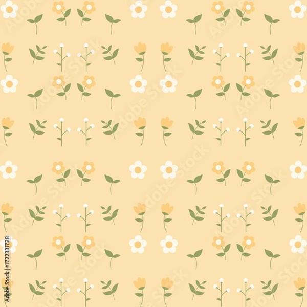 Fototapeta Seamless Garden-Inspired Floral Pattern with Yellow and White Blossoms on Pastel Beige Background – Whimsical Botanical Design for Textile, Stationery, and Spring Decor
