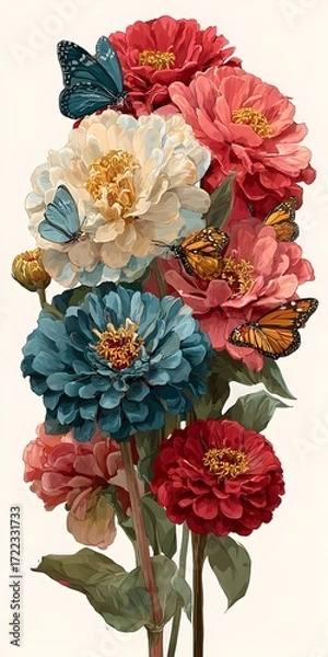 Fototapeta Beautiful bouquet of zinnia flowers in full bloom visited by colorful butterflies on a light background.