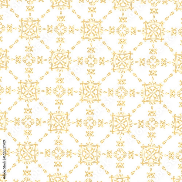 Fototapeta Seamless Decorative Pattern with Golden-Yellow Flourishes and Square Floral Motifs – Rich Ornamental Design for Upholstery, Curtains, and Luxury Textiles