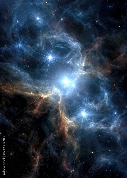 Fototapeta Bright stars illuminate a colorful nebula, creating a breathtaking scene in outer space. The swirling gases and sparkling lights weave together in a cosmic ballet.